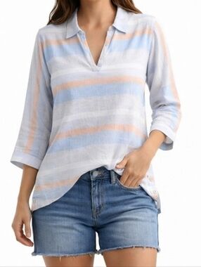 Women's 100% Linen Tunic Top Size Medium Striped 3/4 Sleeve Casual Resort Wear